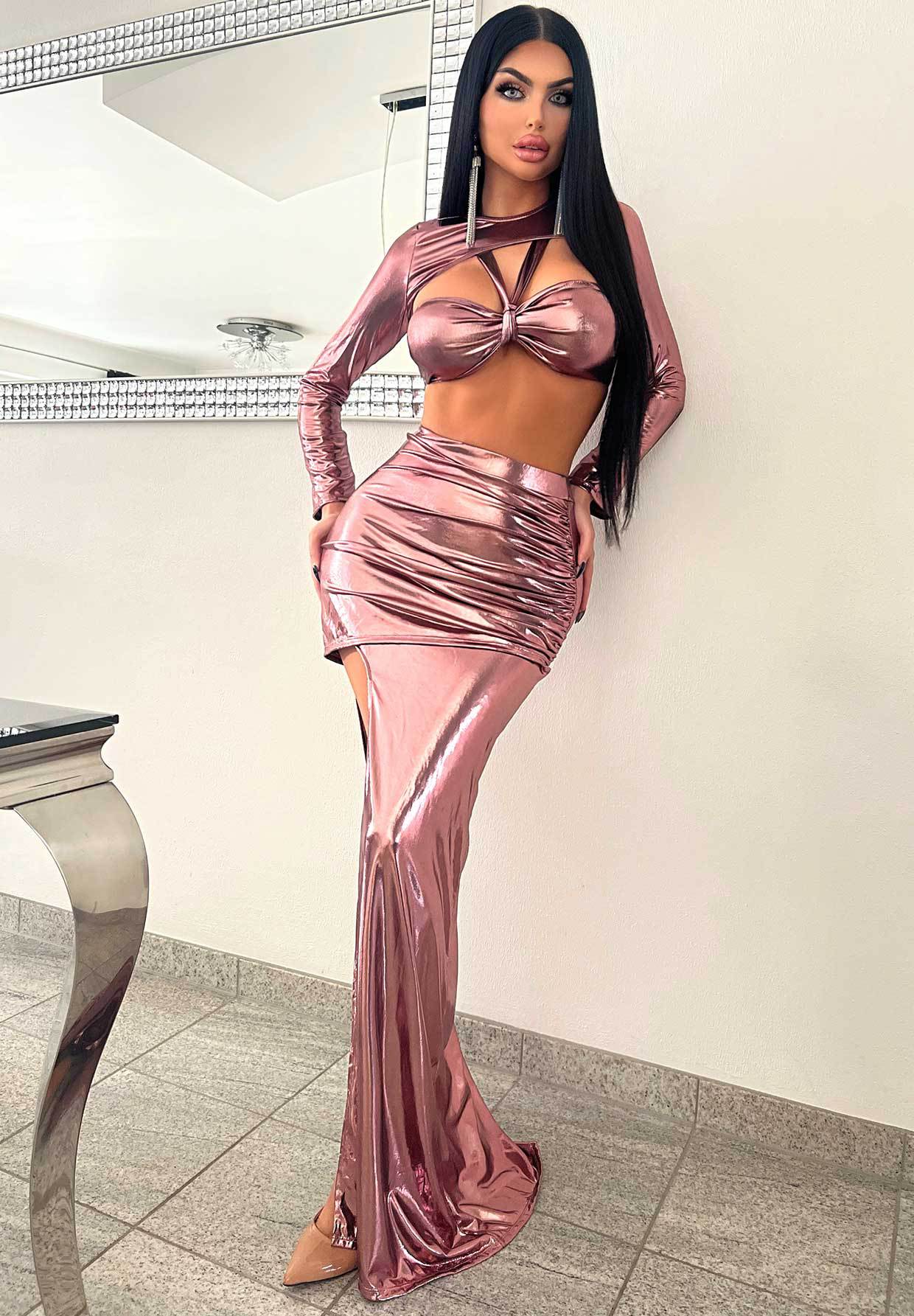 Women Solid Long Sleeve Sexy Top and Slit Long Skirt Two Piece Set
