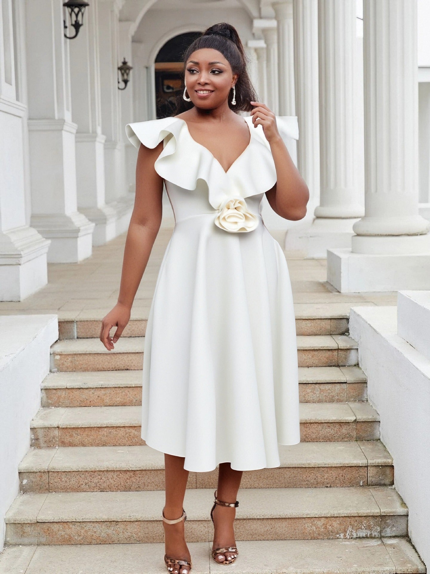 Women Plus Size V-Neck Ruffle Flower Formal Party Dress