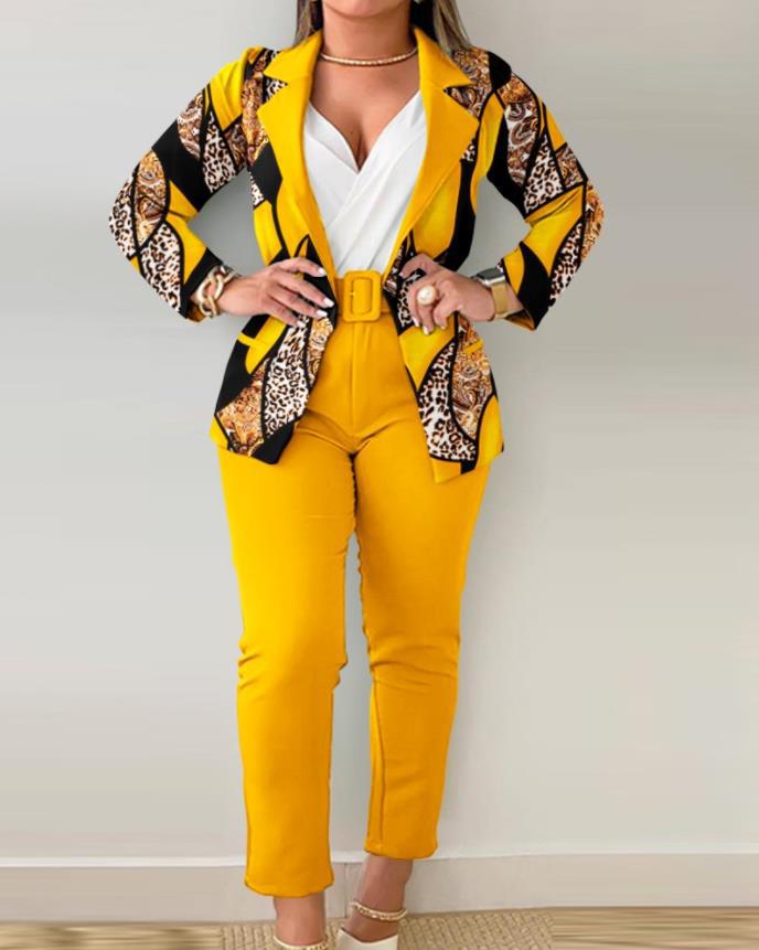Women Printed Casual Blazer and Pant Two-Piece Set with Belt 10
