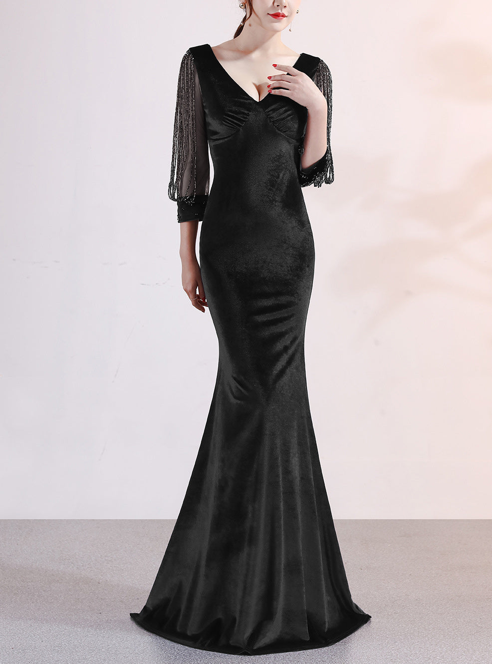 sexy velvet crystal diamond chain bride clothing winter long-sleeved mermaid long evening dress 4