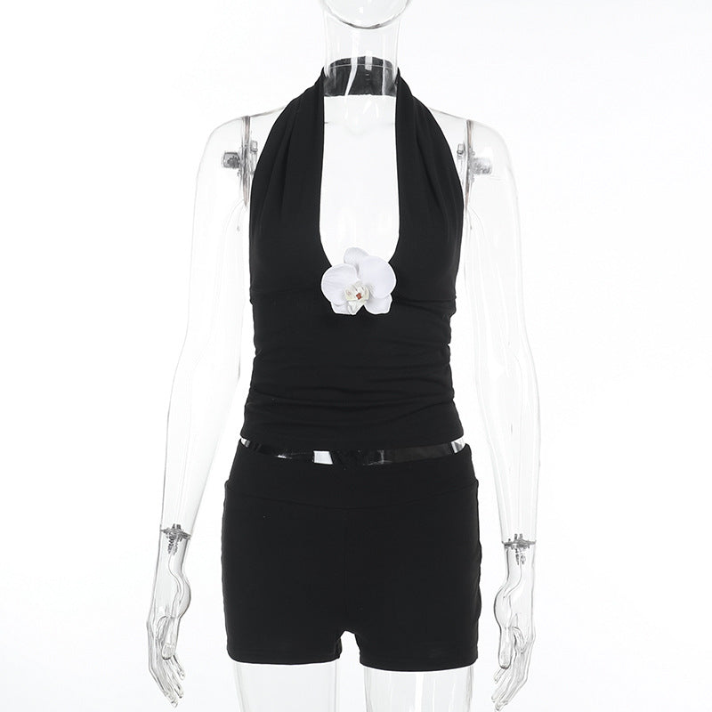 Women's Fashion Summer Set High Waist Solid Color Shorts and Halter Neck Flower Top 7