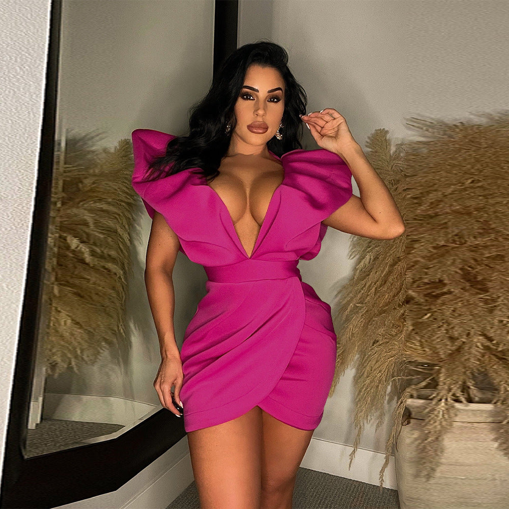 Women's Summer Sexy Deep V Short Sleeve Low Back Solid Color Dress