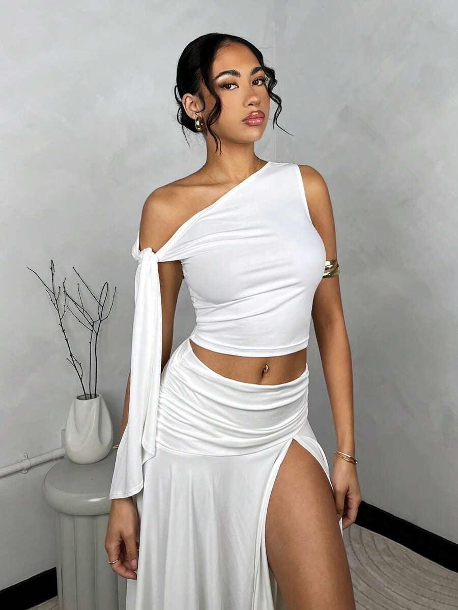 Women's Casual Slash Shoulder Top Slit Skirt Two-Piece Set 6
