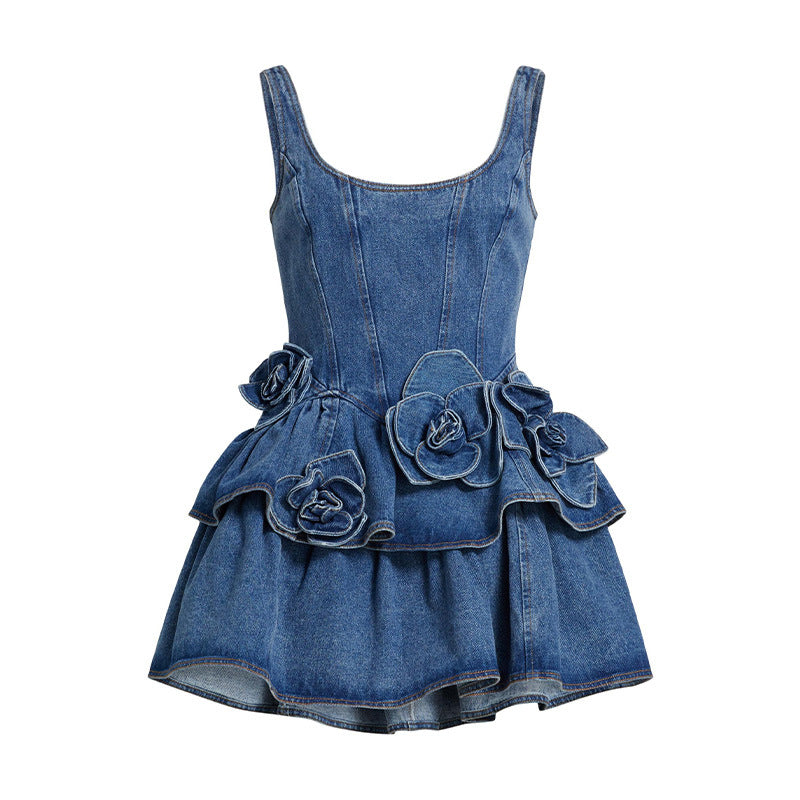Autumn Women's Floral Layered Casual Style Denim Strap Dress 11