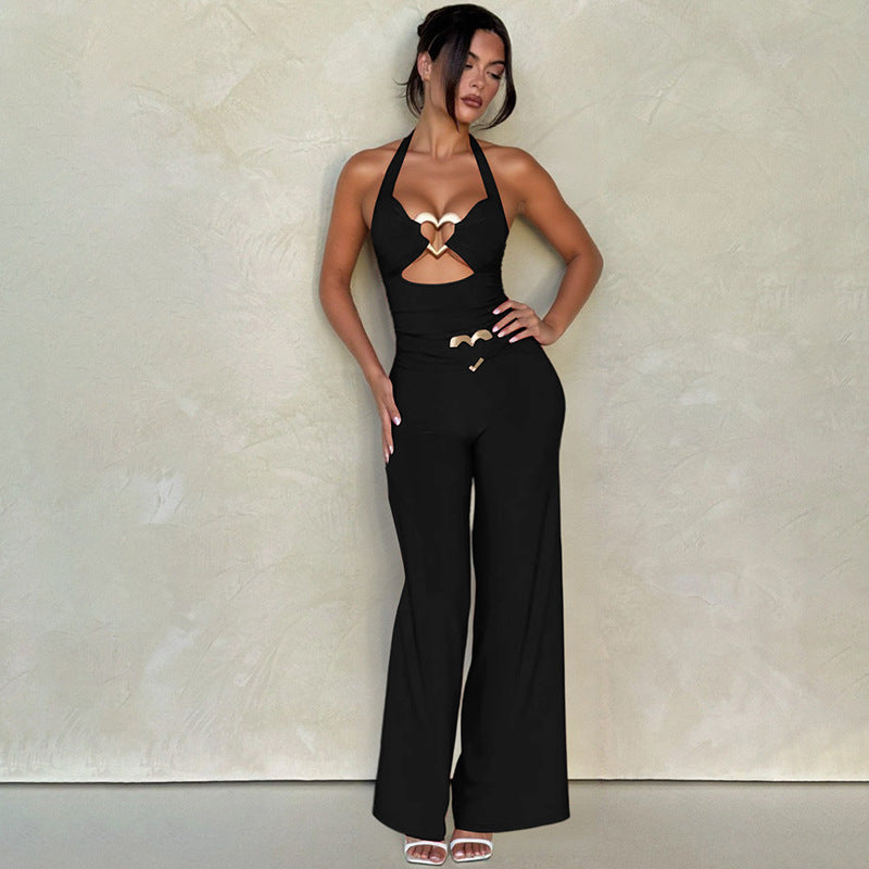 Women Summer Sexy Metal Button Hollow Sexy Backless Halter Neck Jumpsuit 6