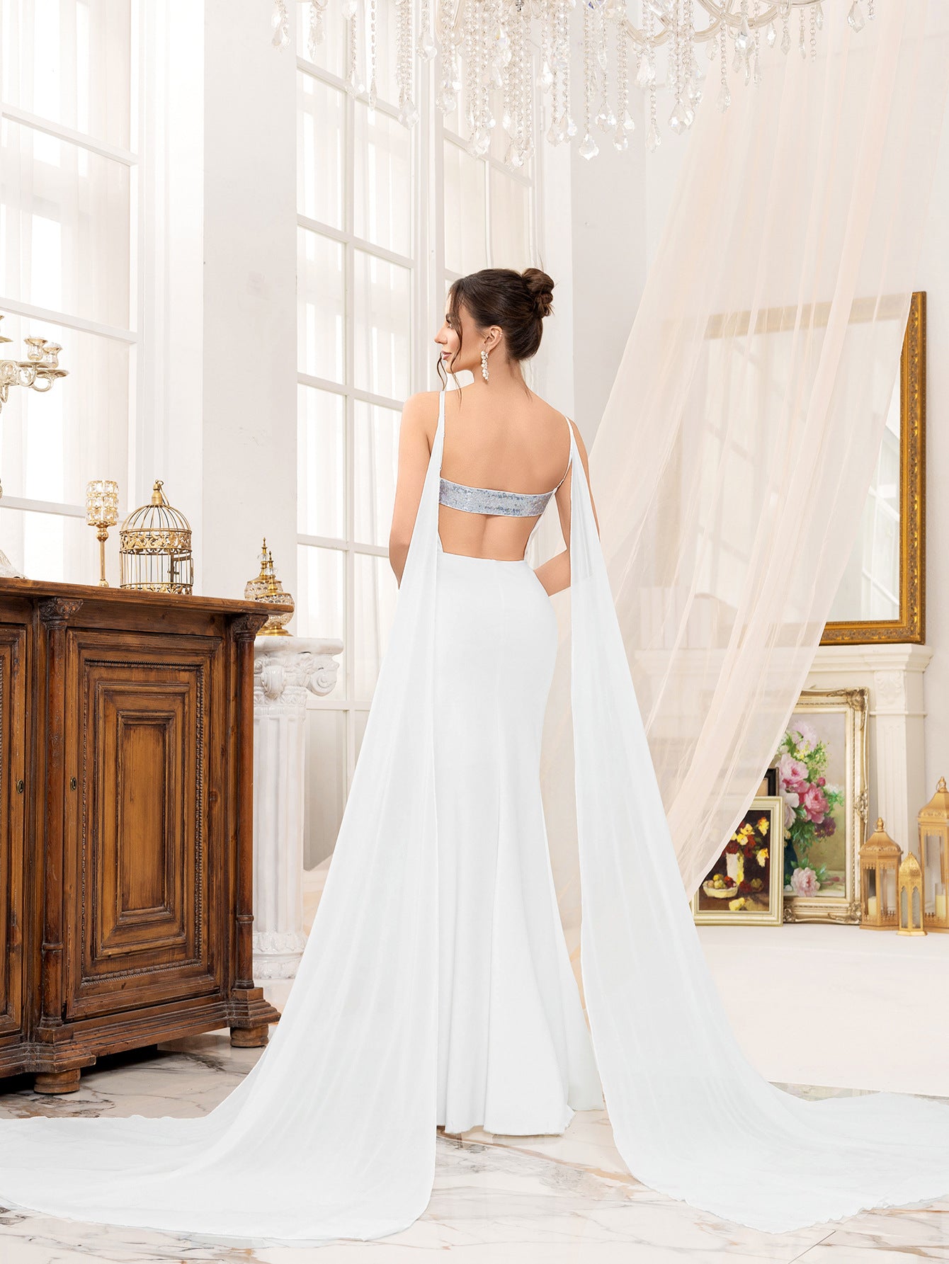 Sequin Strapless Wedding Dress High Waist Elegant Long Evening Gown 3