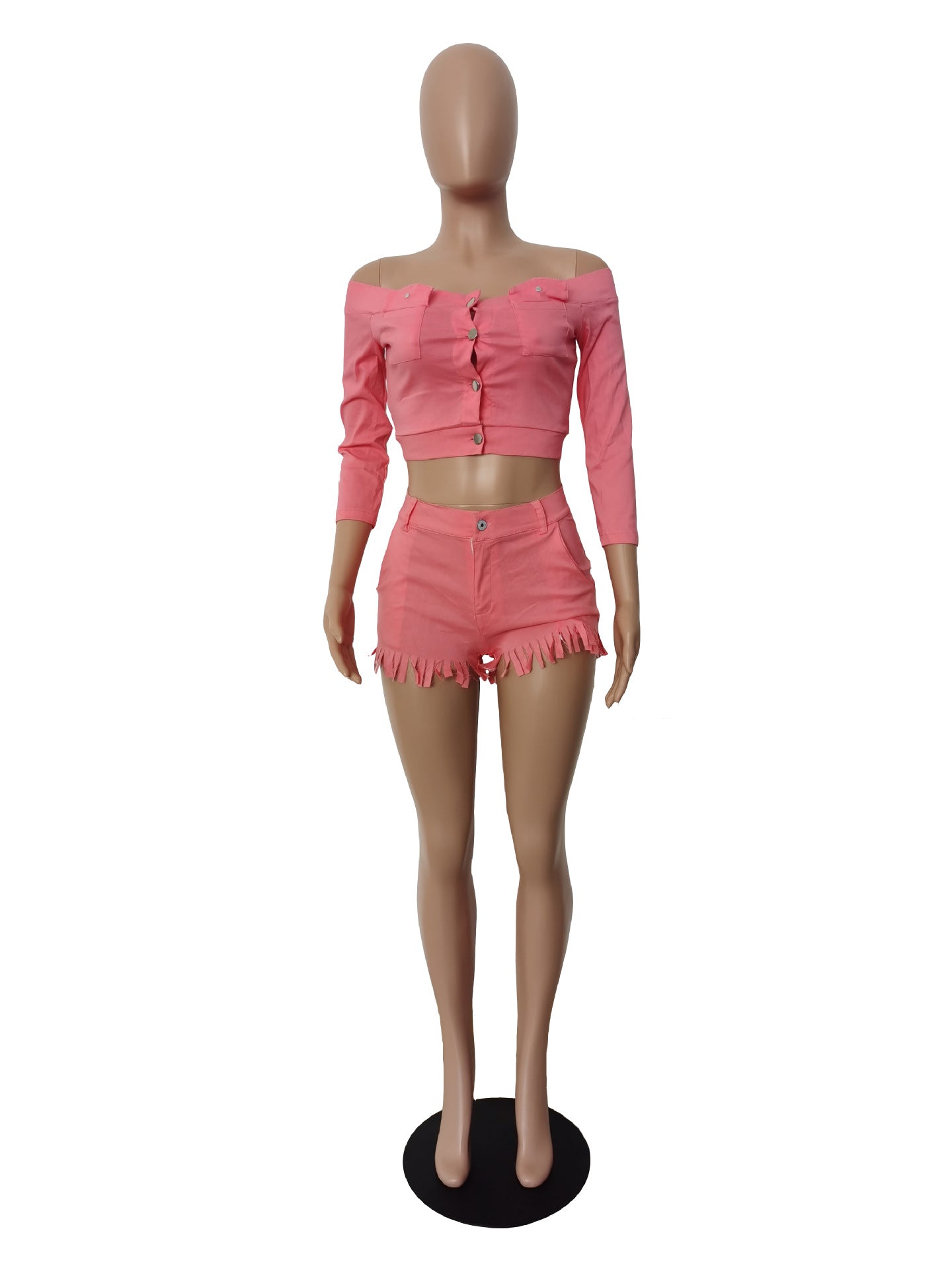 Women's Clothing High Stretch Off Shoulder Two-Piece Shorts Set 13