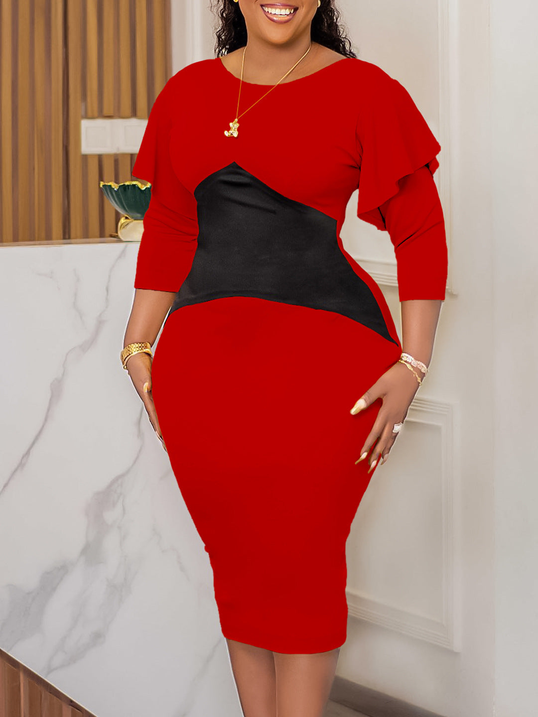 Plus Size African Ladies Color Block Long Sleeve Dress 7
