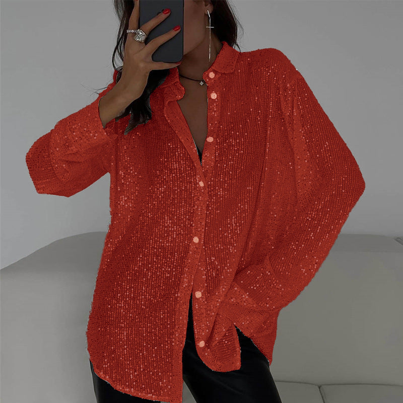 Women spring and summer sequined Top Turndown Collar long-sleeved shirt 7