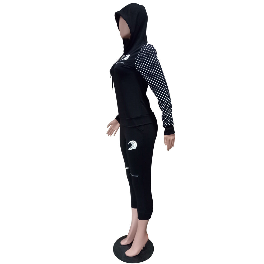 Women's Autumn Winter Fashion Zipper Polka Dot Patchwork Hooded Two-Piece Pants Set 12