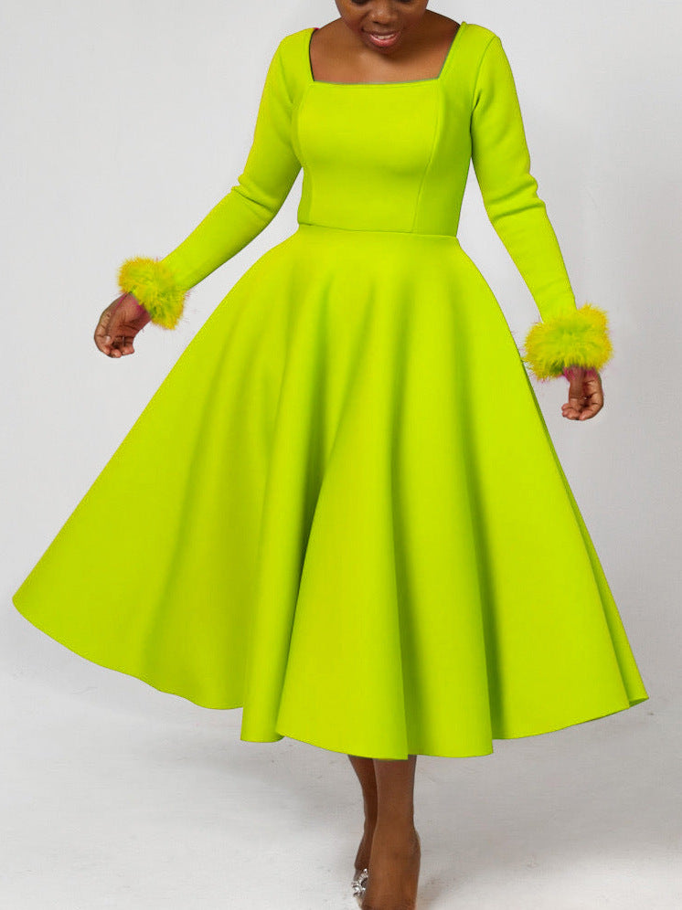 Winter Chic Elegant Fur Decorated Long Sleeve A-Line African Party Dress 11