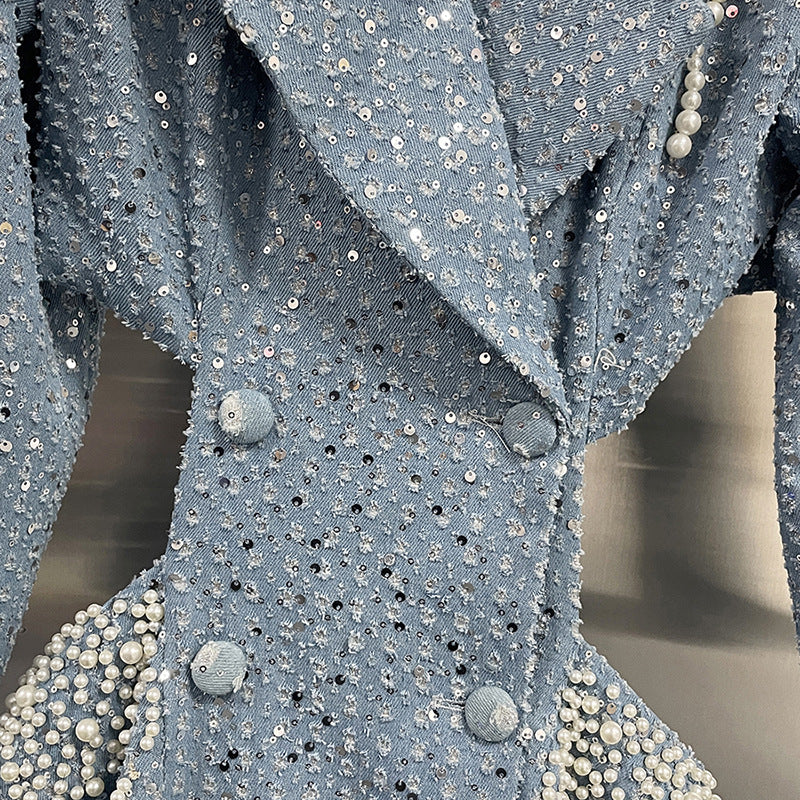 Women Sexy Open Waist Beaded Long Sleeve Blazer Dress 8