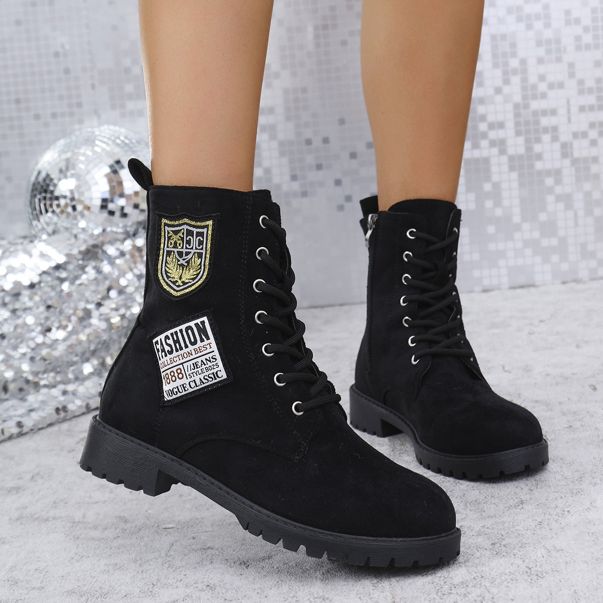 Winter Thick Sole Lace-Up Low Heel Decorated Martin Boots Women's Shoes 10