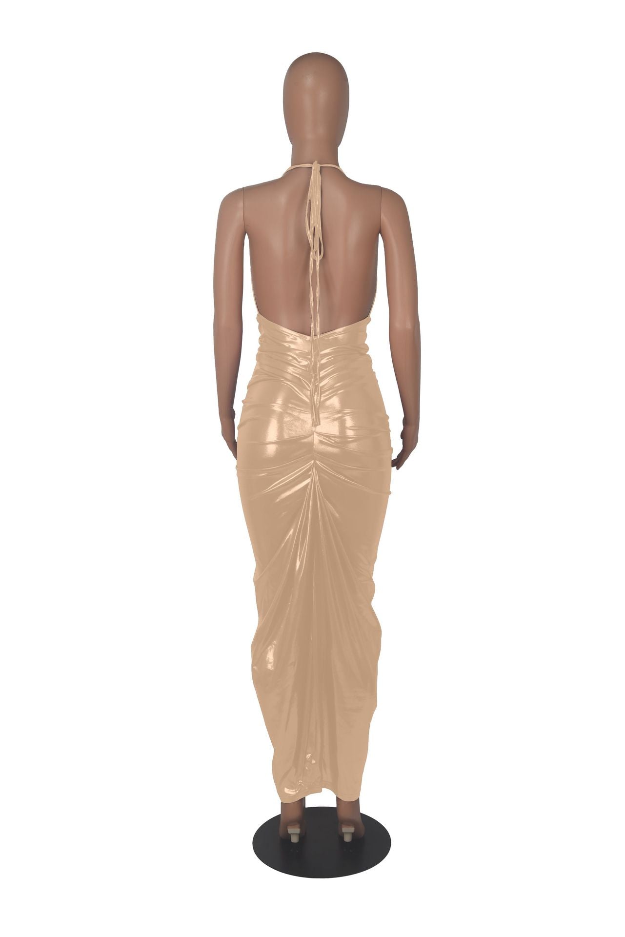 Spring Summer Chic Dress Solid Color Deep v Halter Neck Pleated Sexy Bodycon Dress 17