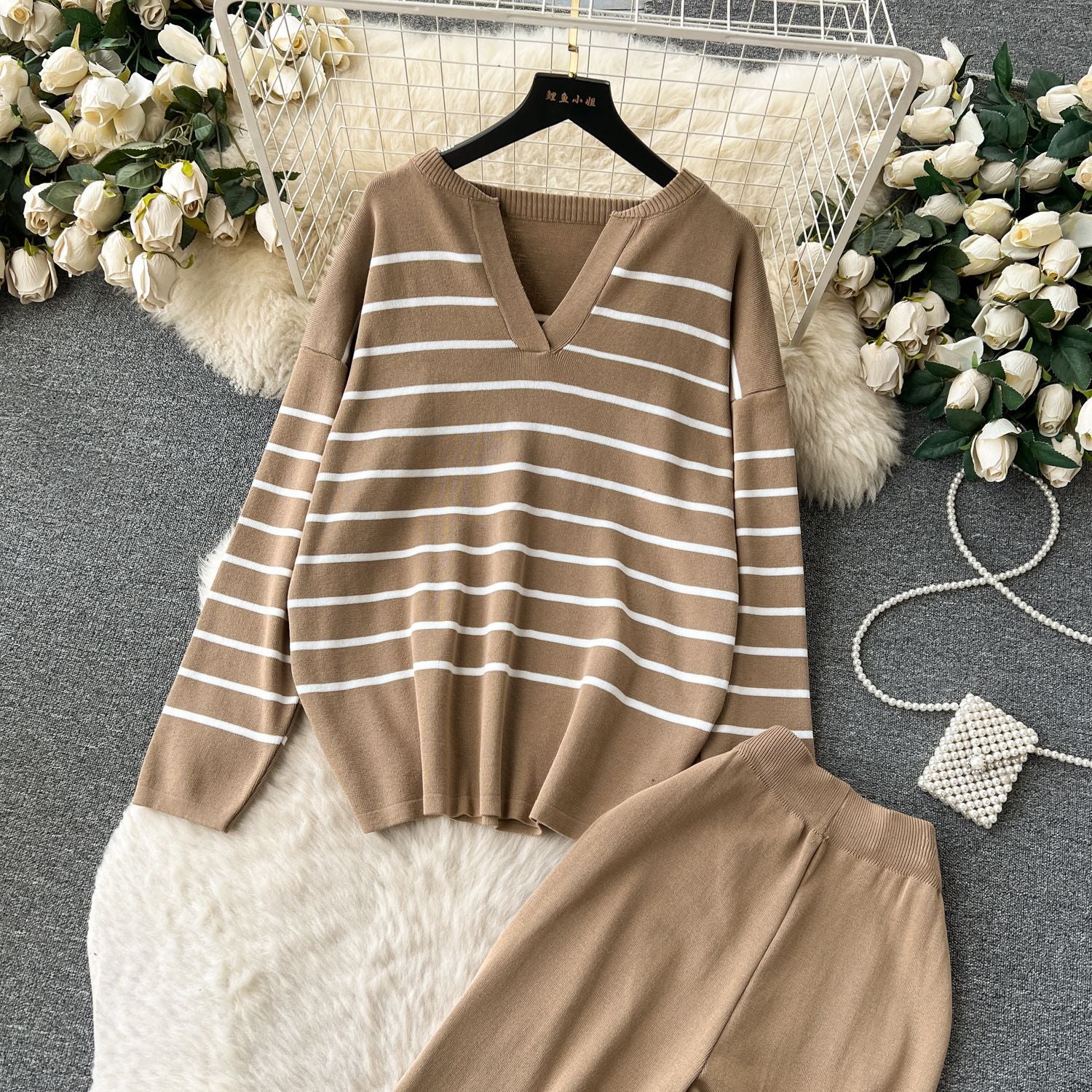 Women Casual V Neck Striped Knitting Top and Pants Two-piece Set 27