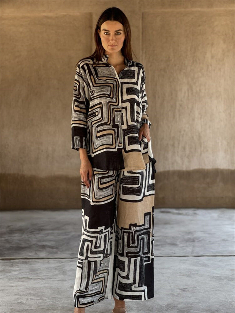 Women's Fashionable Linen Multi-Color Printed Long Sleeve Casual Two-Piece Pants Set 3