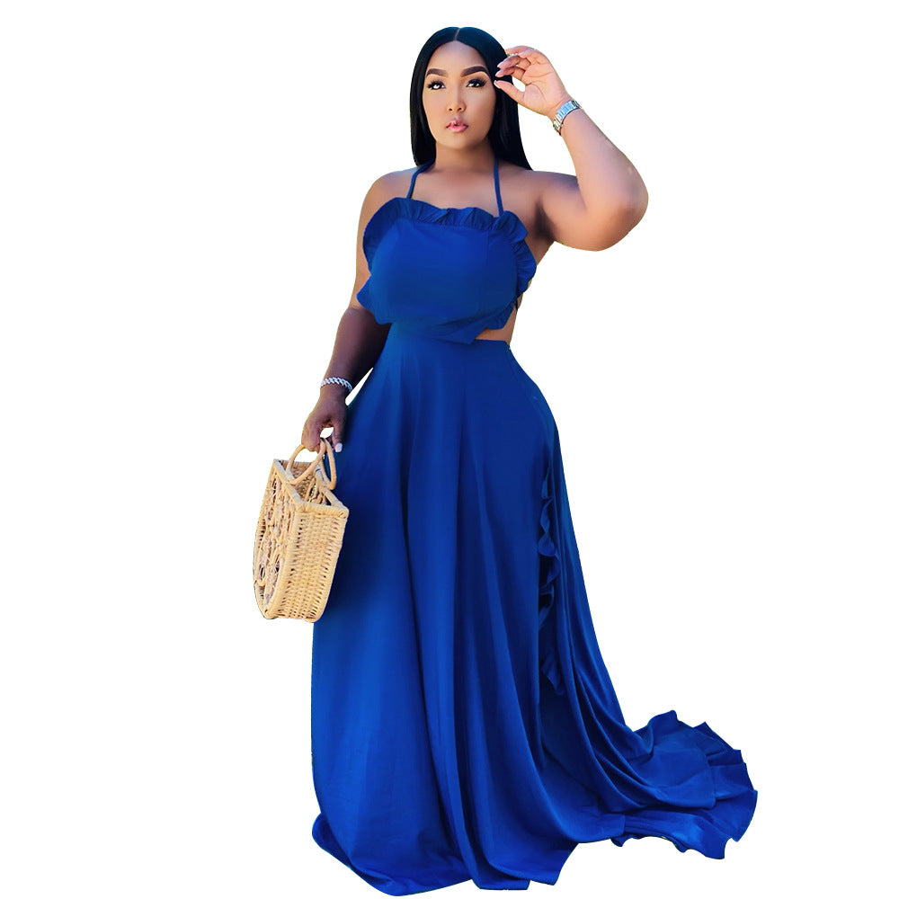 Sleeveless Halter Neck Ruffle Dress Sexy Solid Low Back Maxi Dress 5