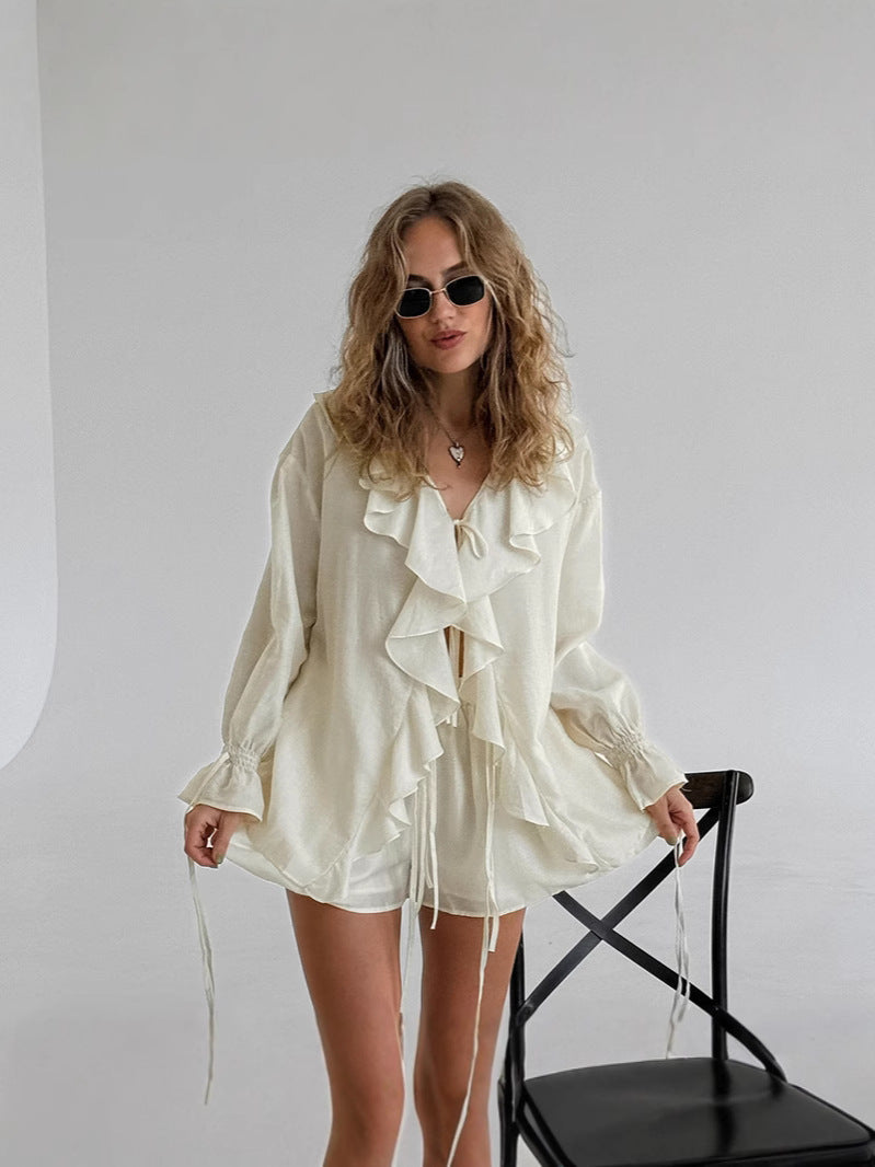 Women Spring Summer Ruffle Lace-Up Casual Top and Pocket Shorts Two-Piece Set