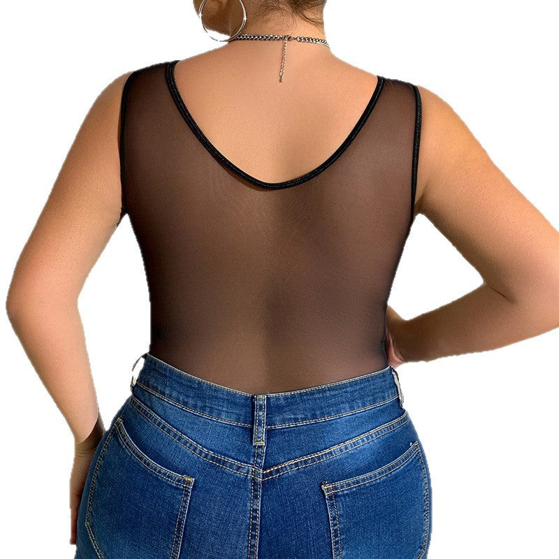 Plus Size Women Black Diamond Lace Patchwork Lace Sexy Bodysuit 3