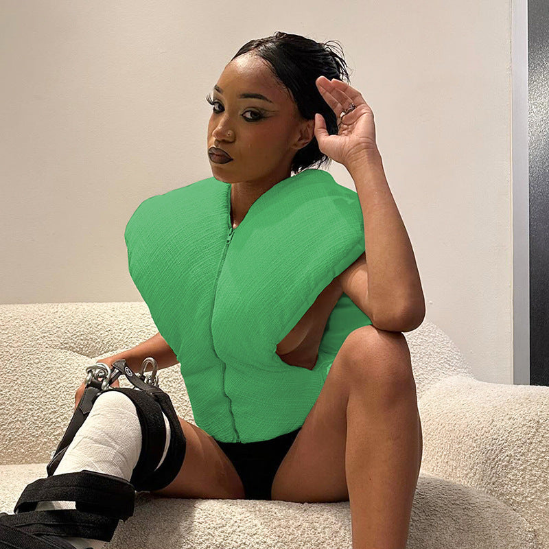 Women's Autumn Winter Zipper Loose Hollow Sleeveless Jacket Cotton Vest