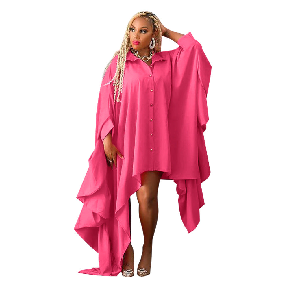 Women's Solid Fall Plus Size Cover Up Irregular Bat Sleeves Dress 12