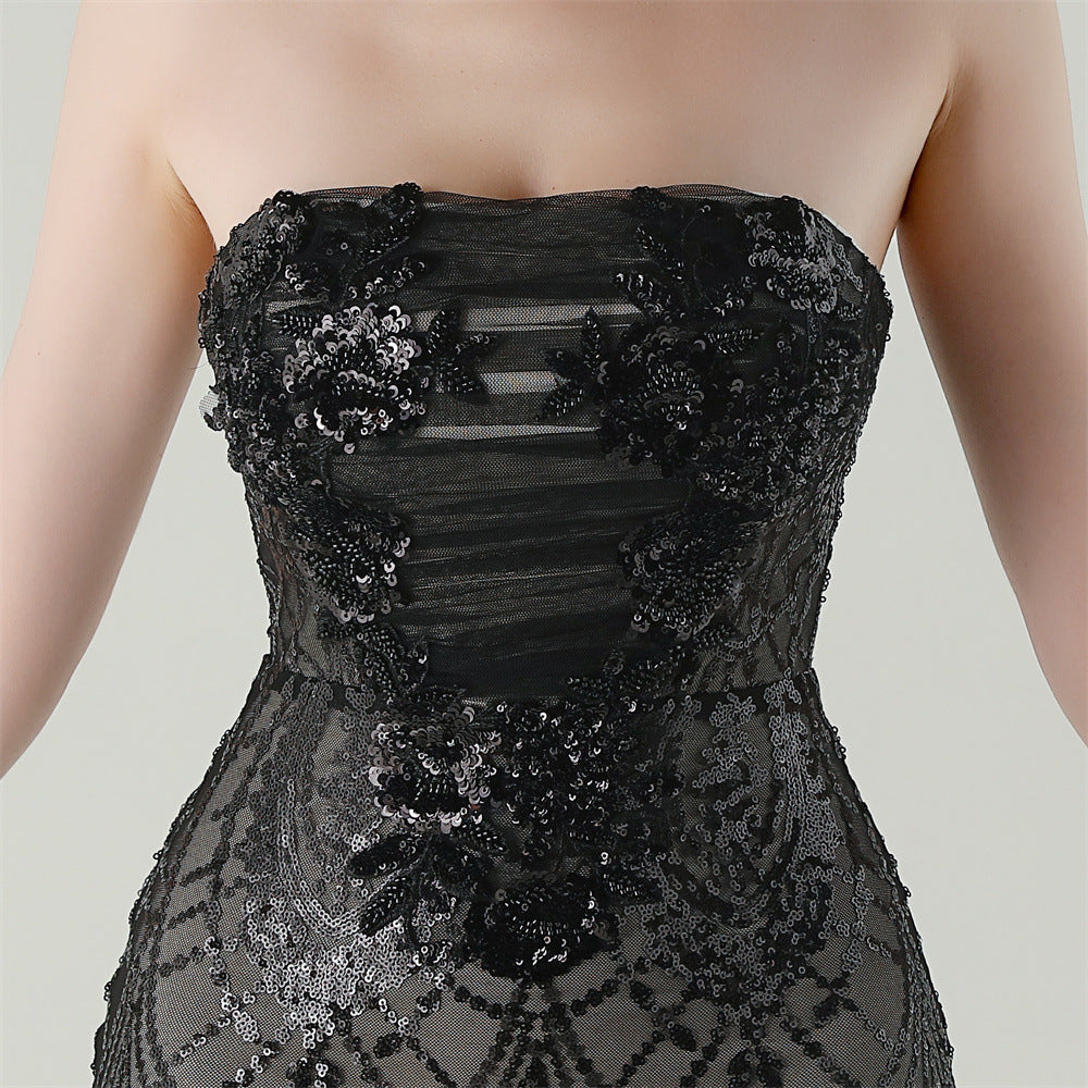 Women Strapless cross Lace-Up sequined tube flower sequined mesh evening dress Formal Party evening dress 104