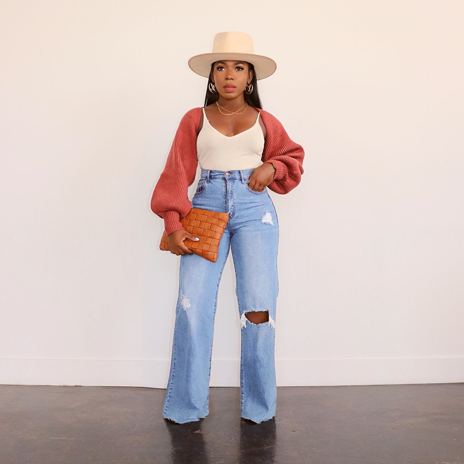 Women Ripped Denim Washed Wide Leg Straight Pants 4