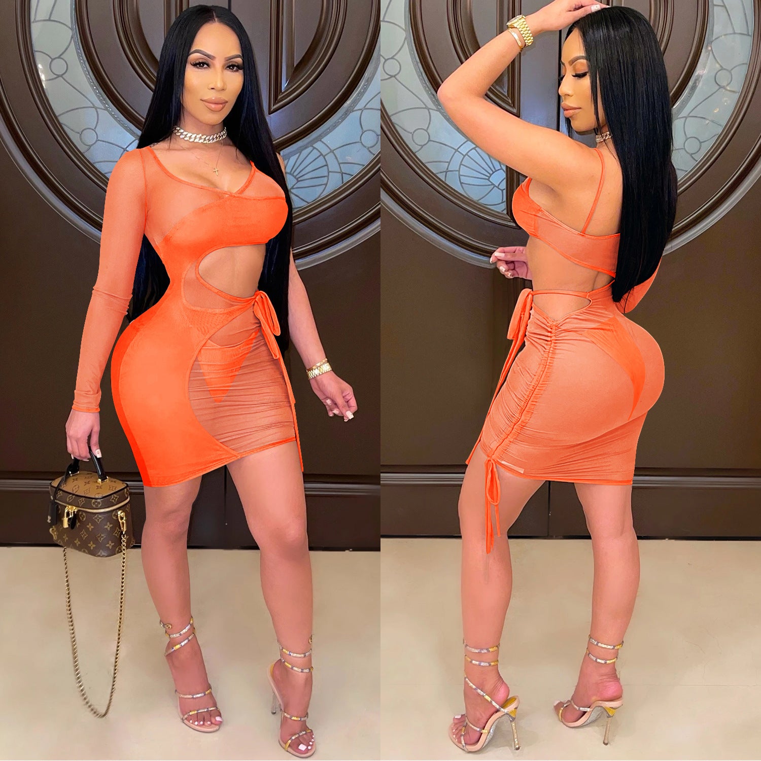 Women mesh See-Through hollow lace-up single-sleeve dress