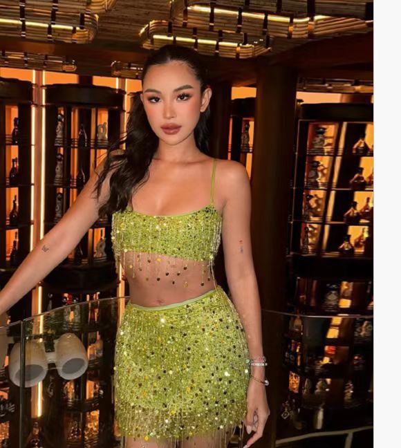 Slim sequins Trendy fashion tassel Strap skirt set 8