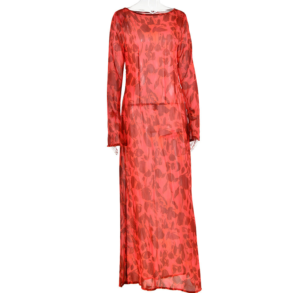 Women Bohemian See-Through Round Neck Long Sleeve Printed Maxi Dress 8