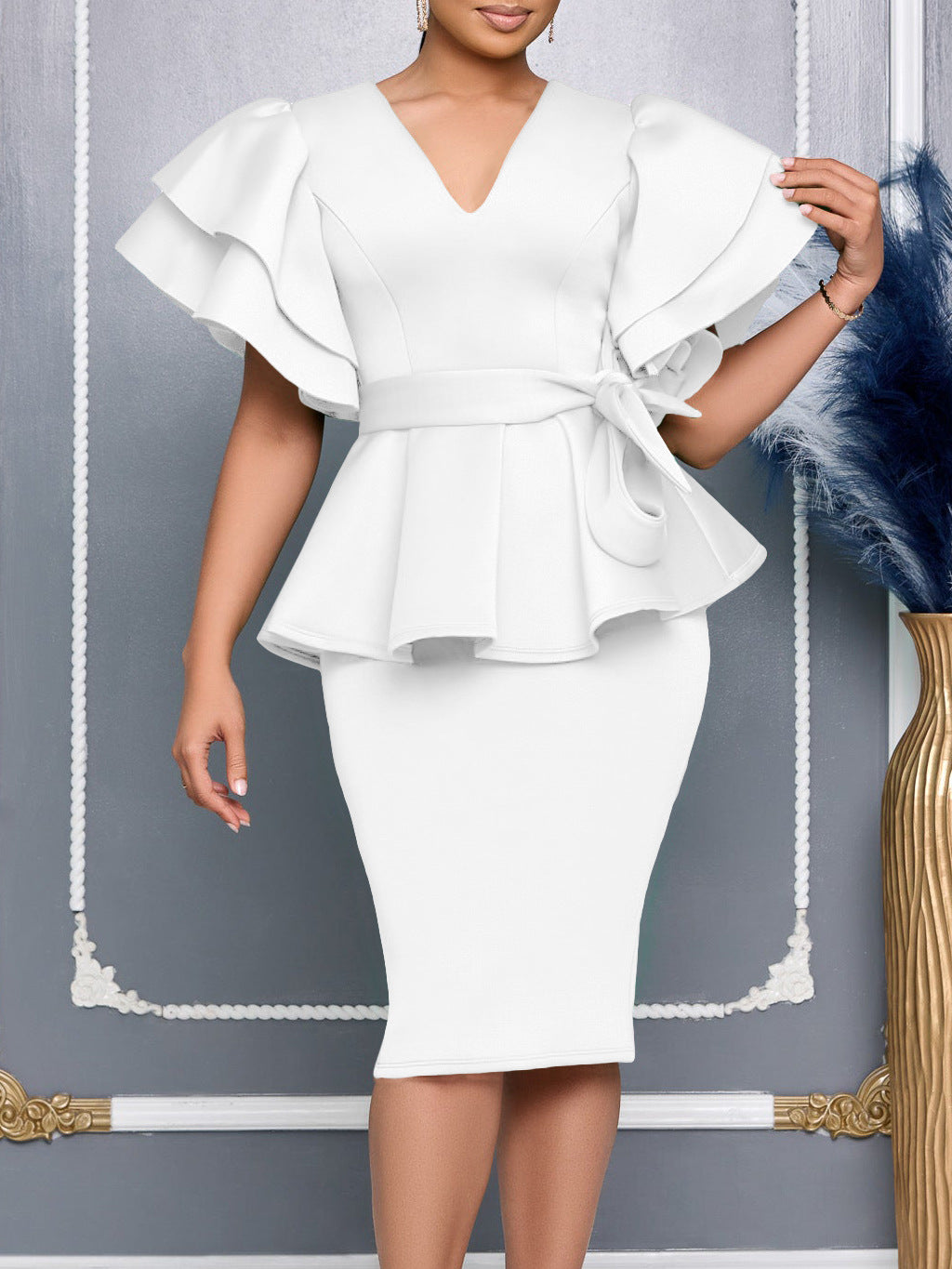 Women elegant ruffled solid bodycon formal party dress 7