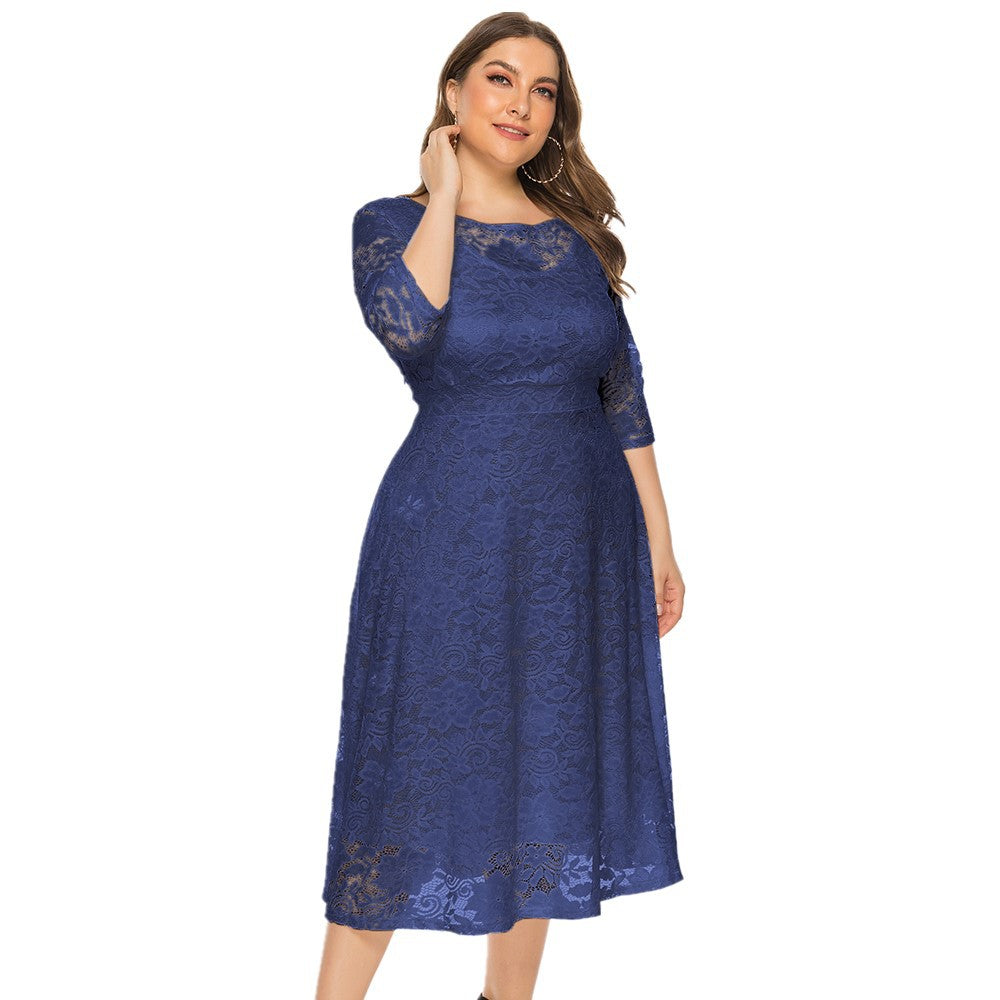 Plus Size Evening Dress Mid Length Cutout Lace Pocket Dress 8