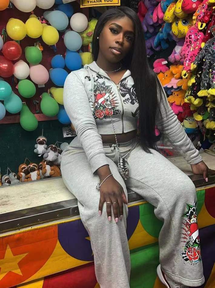 Women Autumn Casual Zipper Printed Top and Pant Two-piece Set 4