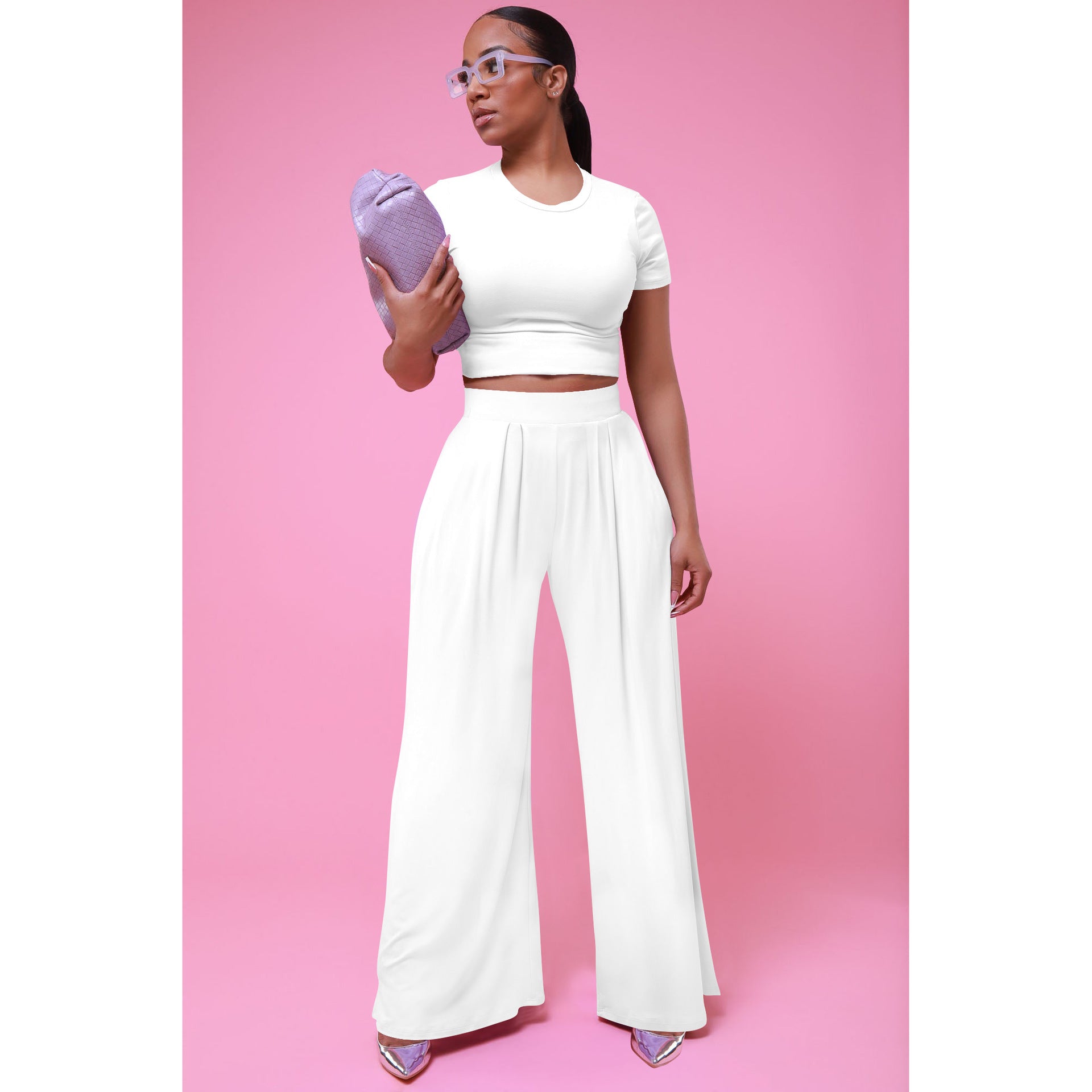 Women's Clothes Summer Fashionable Solid Color Wide Leg Two-Piece Pants Set 3