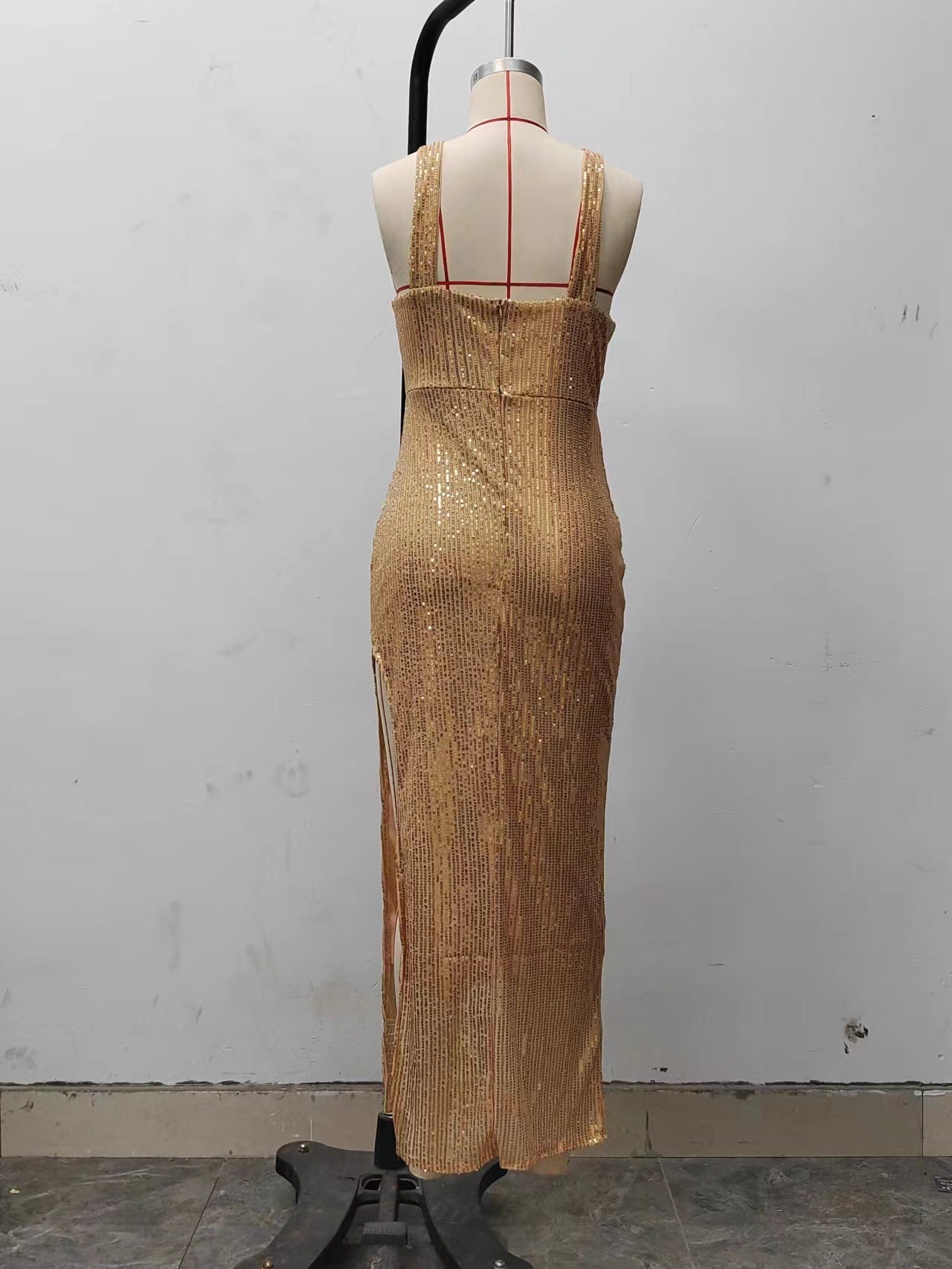 Women Gold Halter Neck Slit Sequin Sexy Party Evening Dress 7