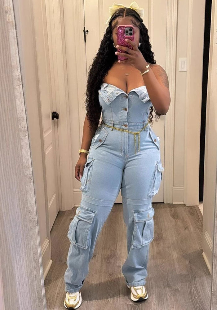 Women's Strapless with Big Pocket Washed Denim Jumpsuit