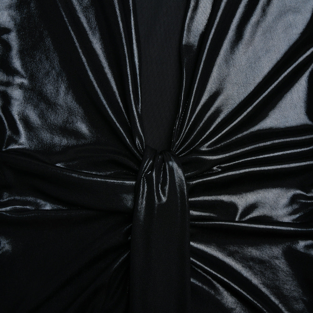 Sexy Chic V-Neck Long Sleeve Patchwork Pleated Leather Dress 23