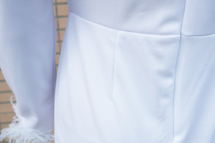 Fall Elegant White Beaded Mesh Patchwork V-Neck Fur Long Sleeve Wide Jumpsuit 5