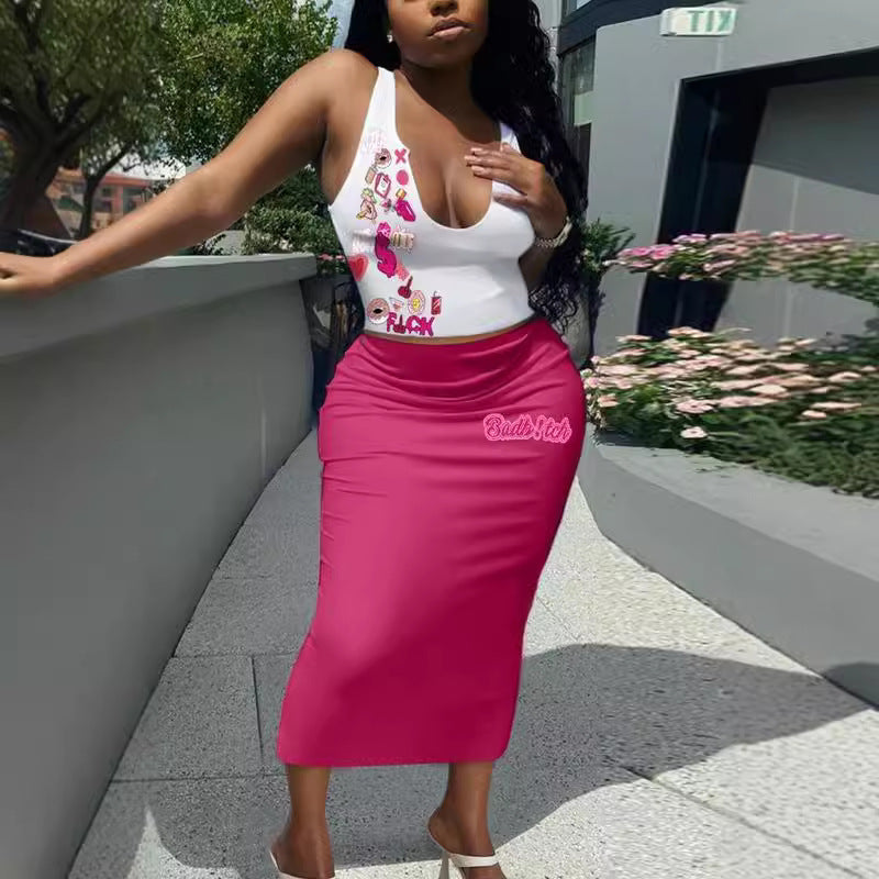 Summer Letter Print Vest Long Skirt Two Piece Set 3