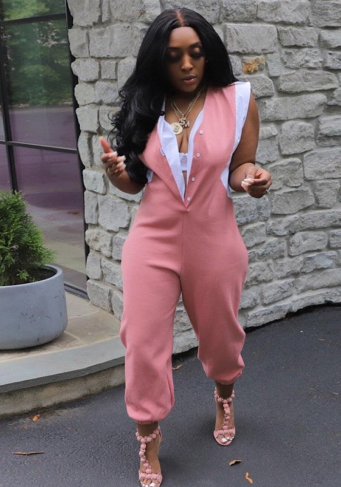 Sexy Slim Solid Patchwork Contrast Pocket Slim Jumpsuit