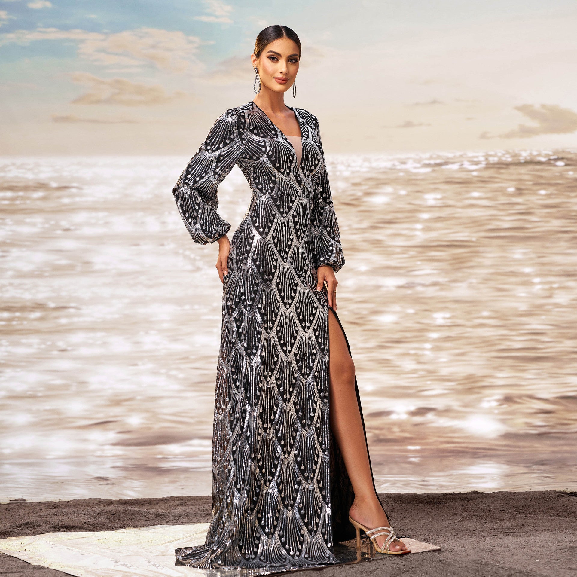 Luxury Long Sleeve V-Neck Formal Party Sequin Slim Slit Evening Dress Women Bridesmaid Gown