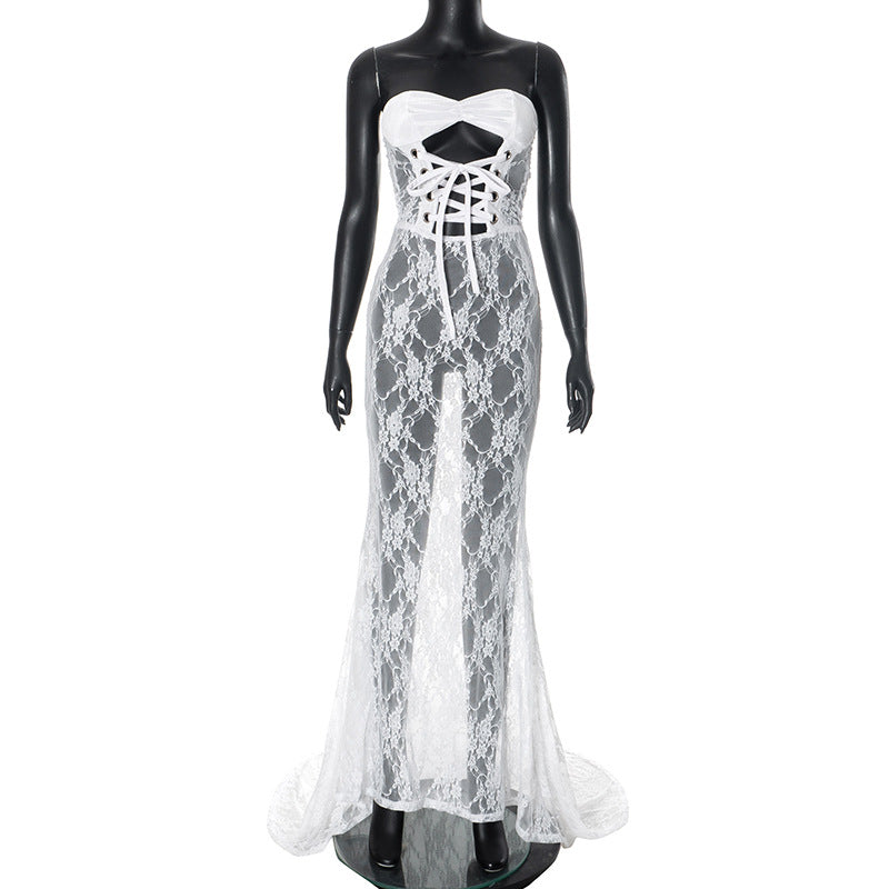 Women Mesh Lace-Up Strapless Dress 17