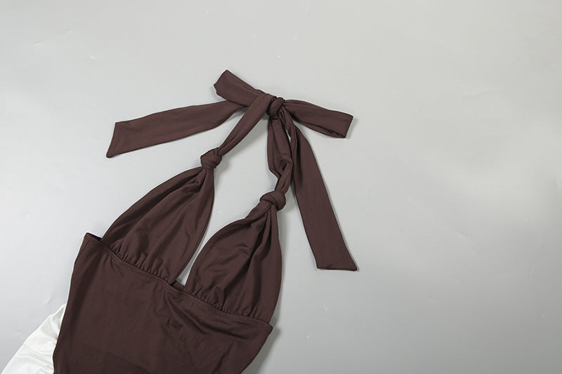 Women fall/winter contrast color Patchwork Halter Neck lace-up backless Sexy Bodycon Dress 15