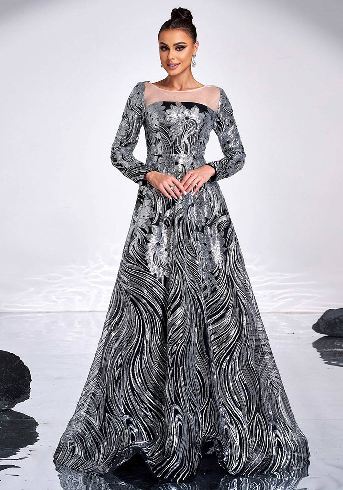 Luxury Long Sleeve Round Neck Formal Party A-Line Sequin Evening Dress Women Bridesmaid Gown