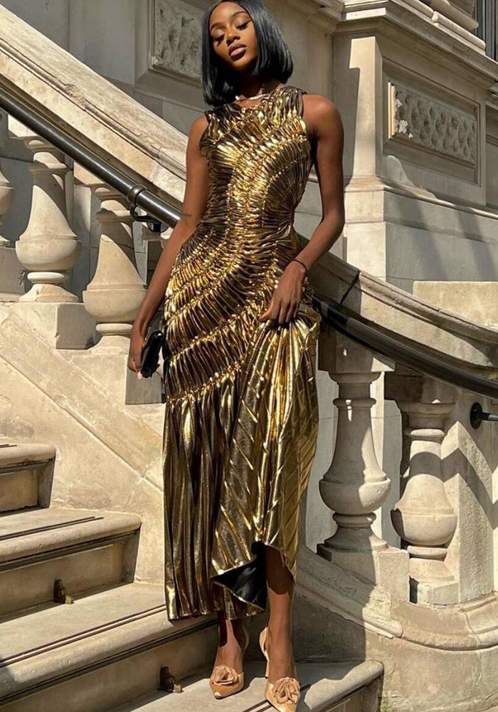 Sleeveless Sexy Shiny Color Pleated Long Evening Dress