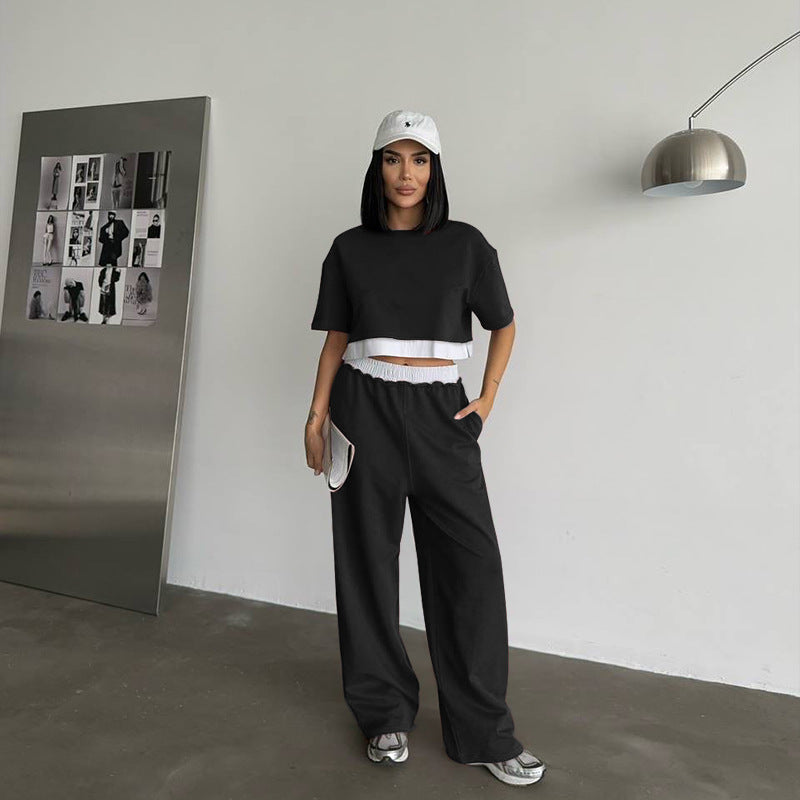 Women Summer Solid Round Neck Short Sleeve Top and Casual Wide Leg Pants Two-Piece Set