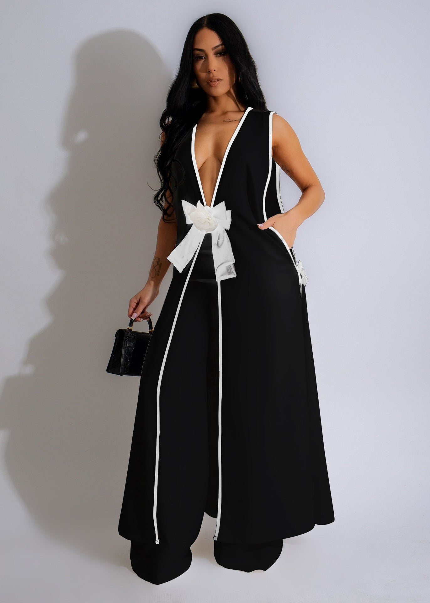 Women Sexy bow sleeveless dress and wide leg pants two-piece set 3