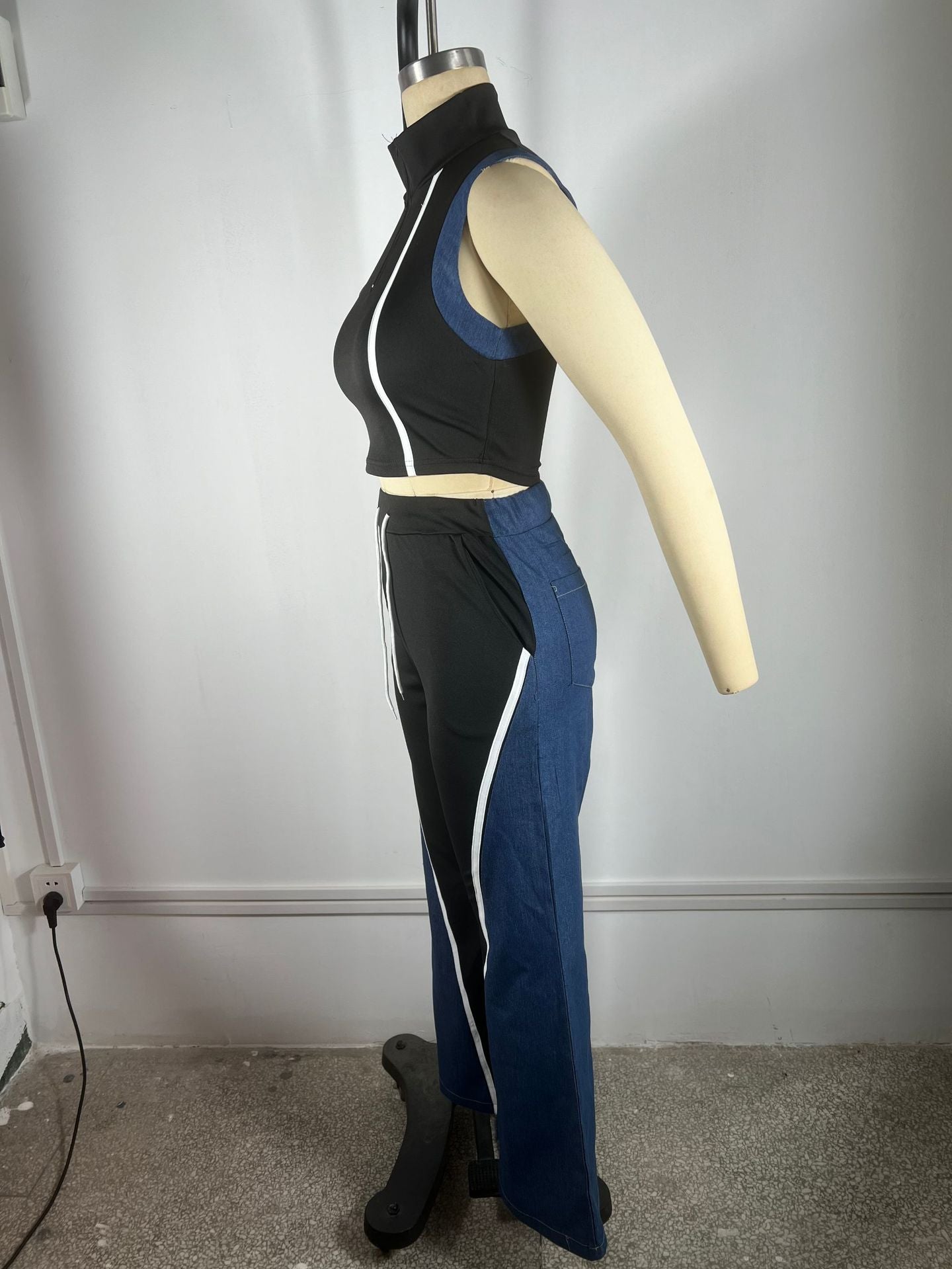 Women's denim patchwork sleeveless V-neck top wide-leg trousers two-piece set 10