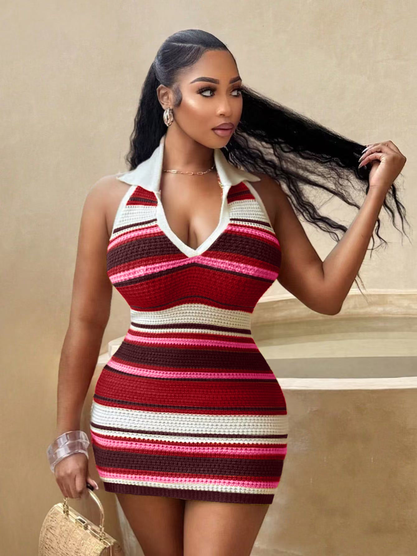 Summer Women's Striped Sexy V-Neck Halter Neck Knitted Bodycon Dress 4