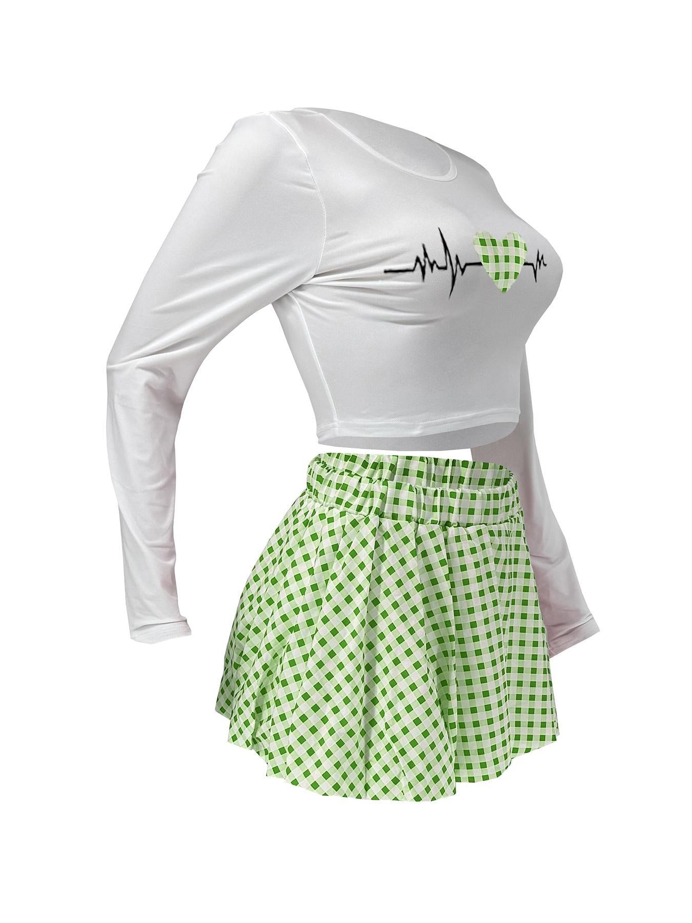 Women Casual Top and Plaid Flower Bud Skirt Two-piece Set 21